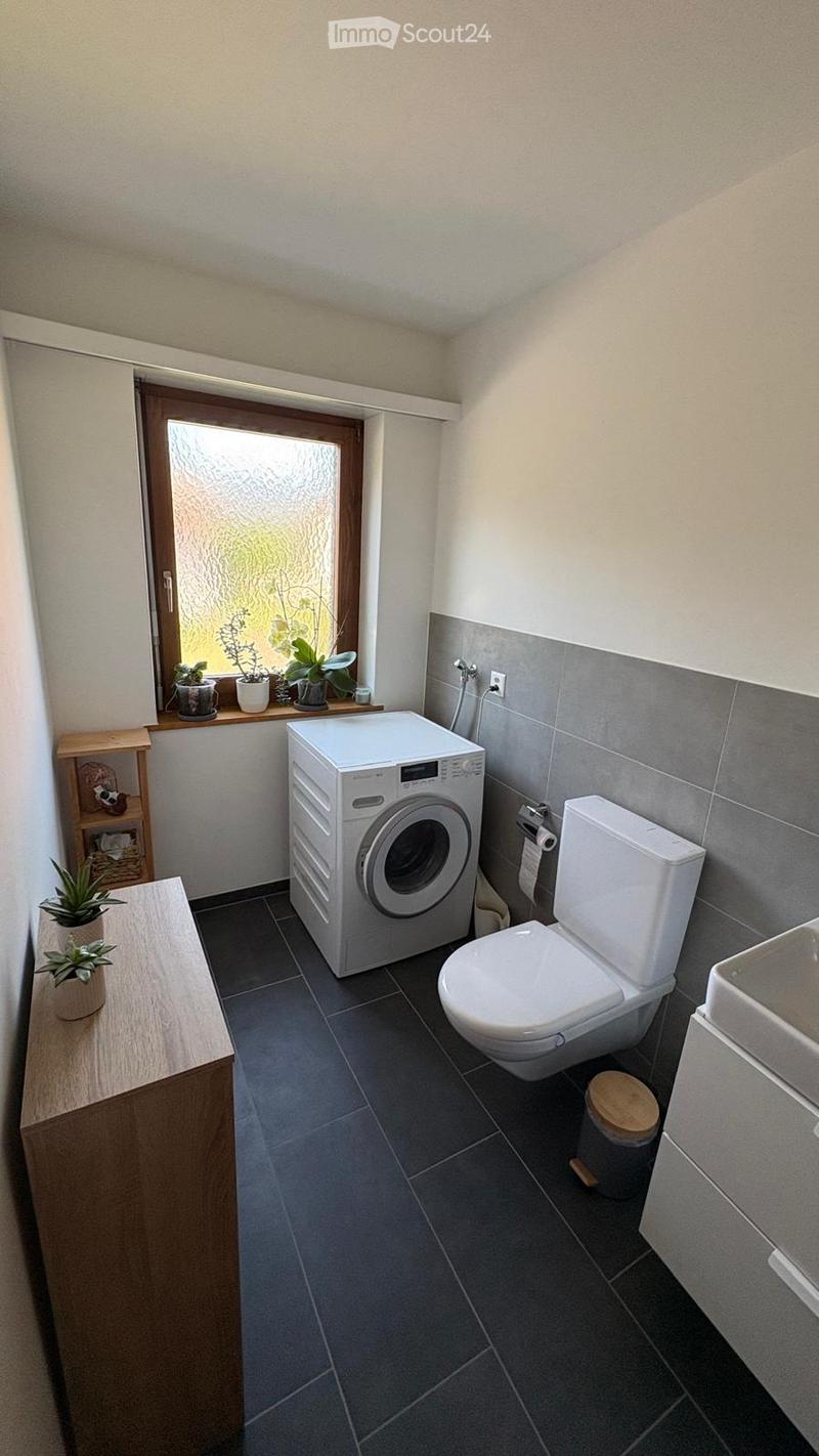 Modern bathroom with a toilet, washing machine, sink, and small wooden cabinet. Dark tiled floor and grey tiled walls. A small window with potted plants on the sill.