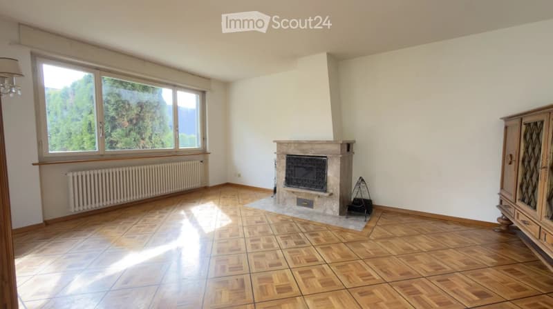 Bright living room with wooden flooring, large windows offering a scenic view, a stone fireplace, radiator, and a wooden cabinet.