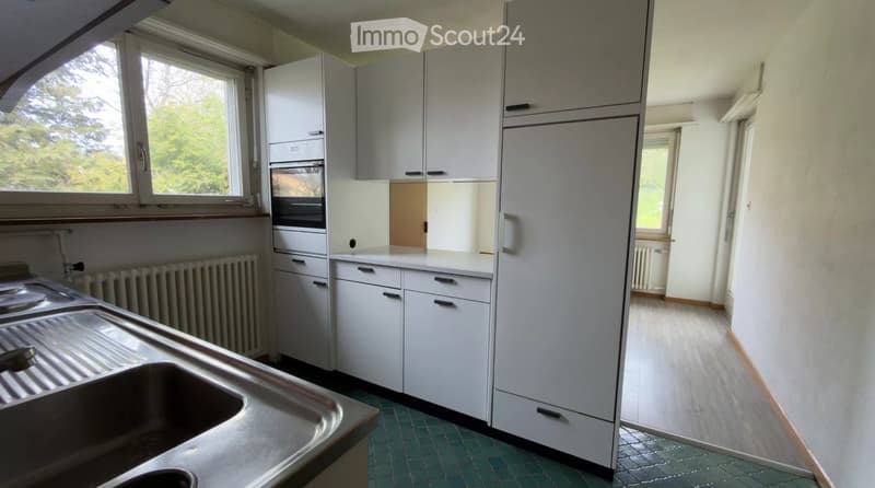 Modern kitchen with white cabinets, stainless steel sink, and a large window offering a view of greenery.