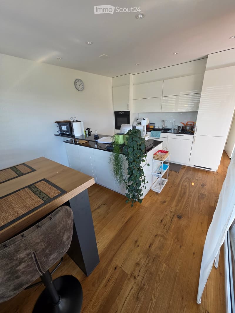 Modern kitchen with white cabinets, wooden floor, and various appliances including an oven, fridge, and sink. There is a wooden table with a chair, a potted plant, and a clock on the wall.