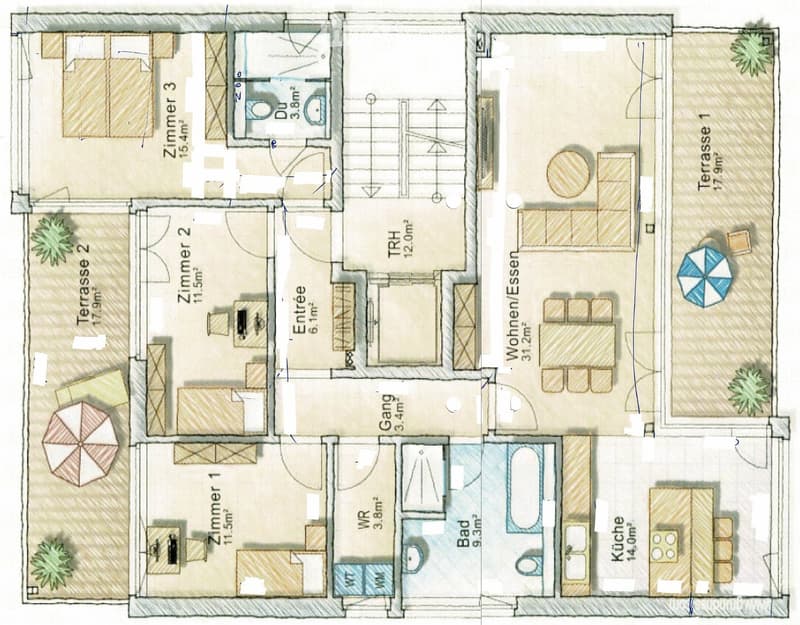 Floor plan showing a living area, kitchen, three bedrooms, two bathrooms, and three terraces.