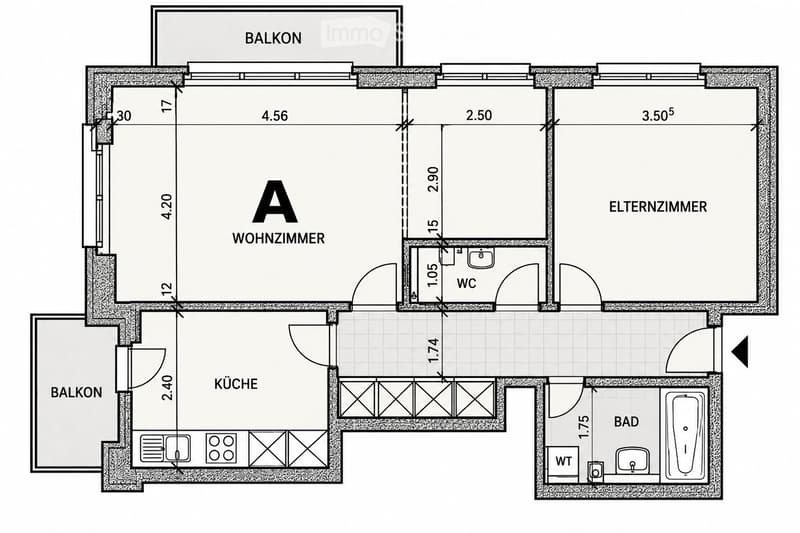 Floor plan of a residential unit featuring a living room (Wohnzimmer), kitchen (Küche), bathroom (Bad), WC, and bedroom (Elternzimmer), with two balconies.
