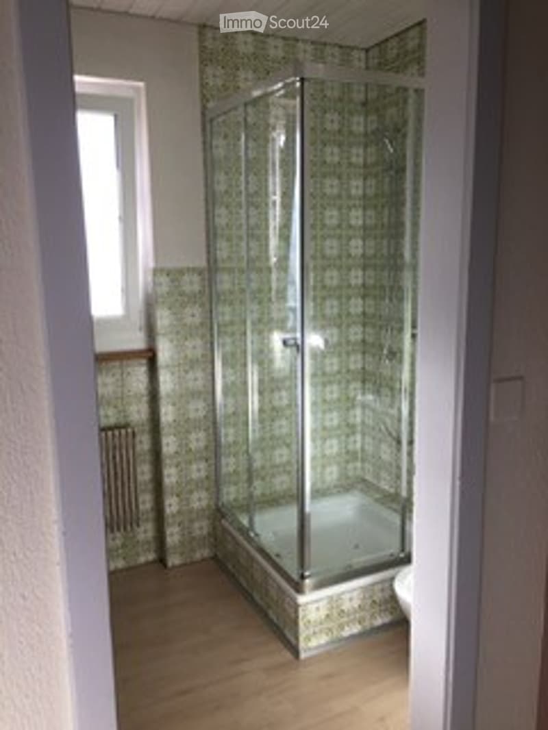 Bathroom with a glass-enclosed shower stall, green and white patterned tiles, wooden floor, and a radiator near the window.