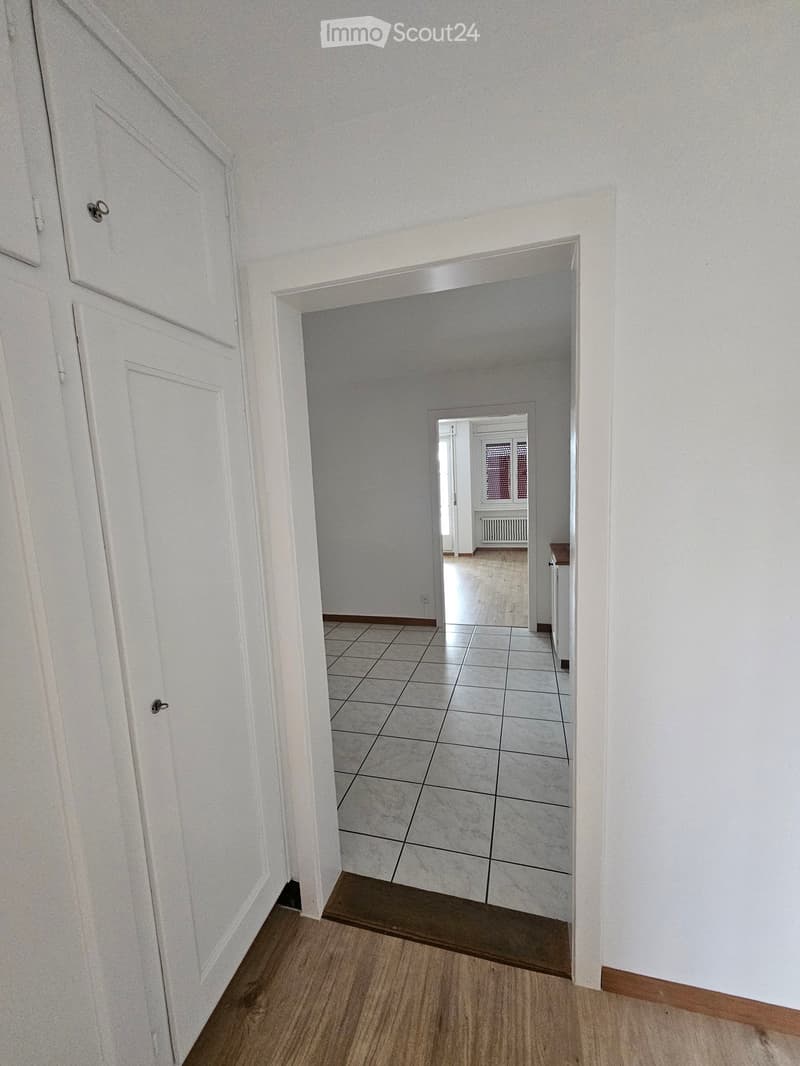 Empty hallway with white walls, wooden flooring, and tiled section leading to another room.