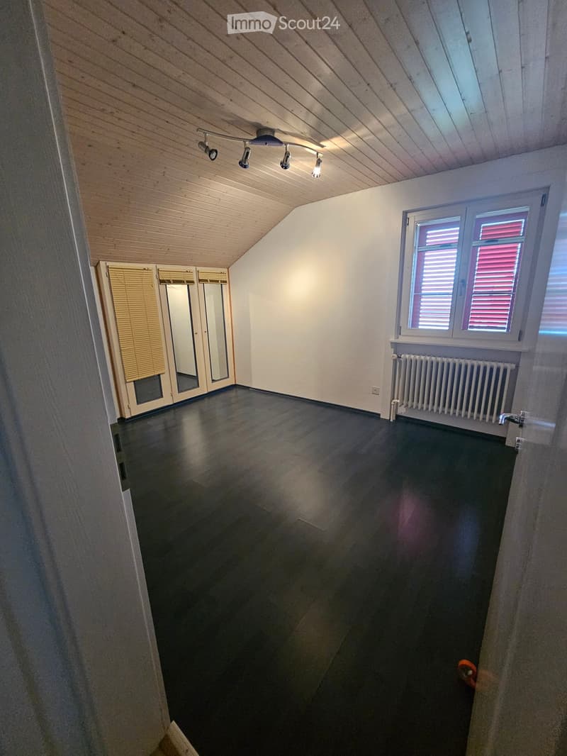 Empty room with dark wooden flooring, white walls, and a slanted wooden ceiling. Features include a window with blinds, a radiator, and a closet with mirrored doors.