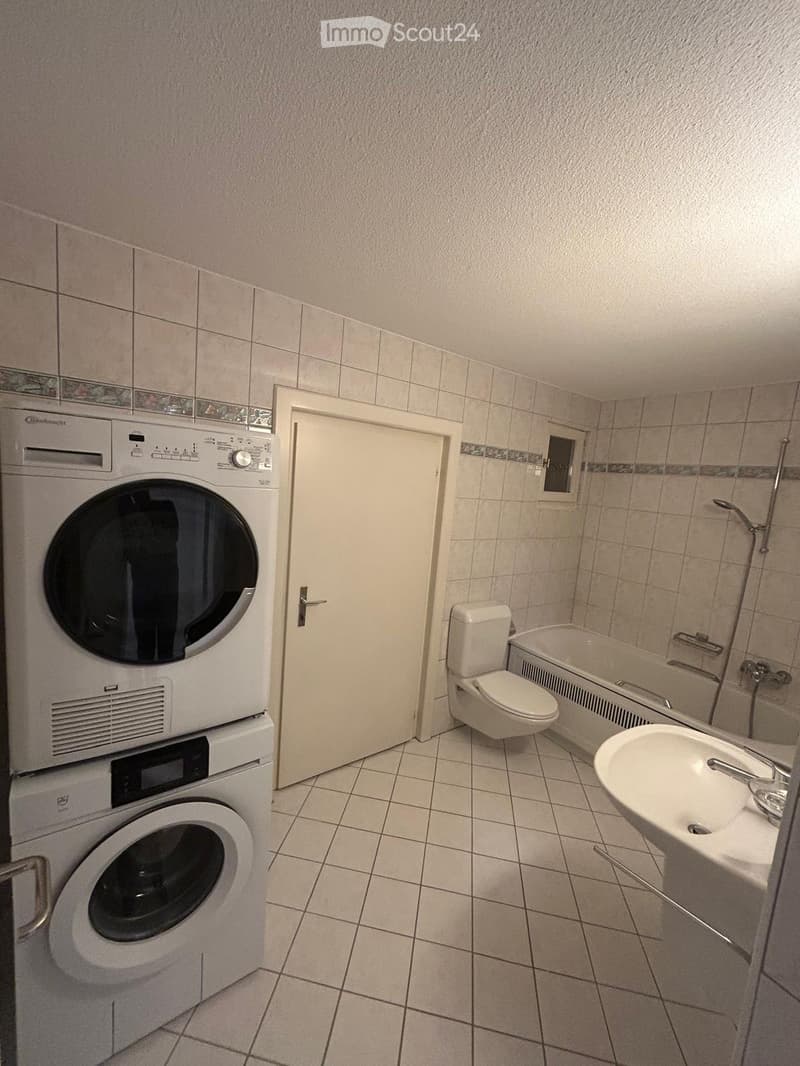 Bathroom with tiled walls and floor, featuring a washing machine, dishwasher, toilet, bathtub, and sink.