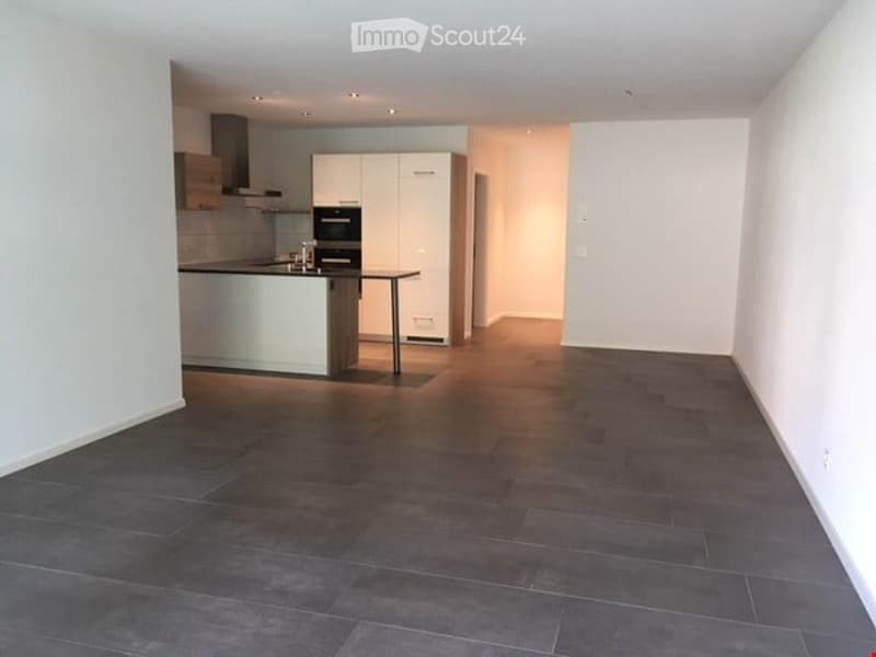 Open-plan living and dining area with modern kitchen, dark grey tiled floor, white cabinetry, and stainless steel appliances.