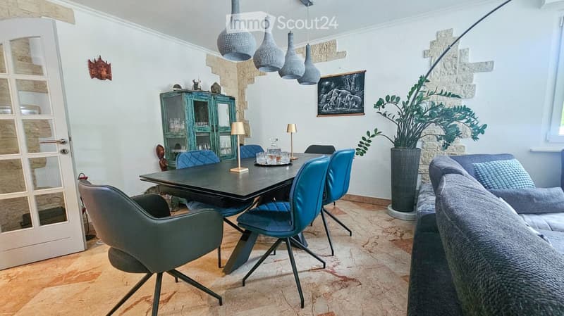 A modern living and dining area with a grey sofa, a black dining table with blue chairs, a green cabinet, and decorative lamps.