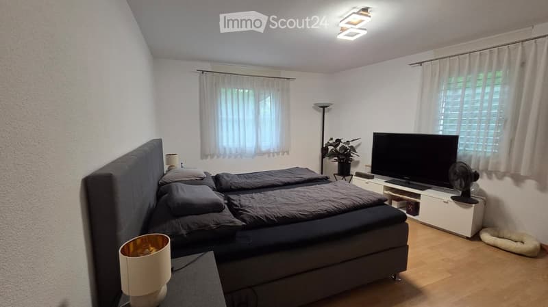 Modern bedroom with a large bed, nightstand, lamp, television, fan, plant, and dog bed. The room features wooden flooring, white walls, and large windows with curtains.