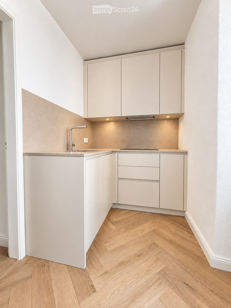 Modern, compact kitchen with light-colored cabinets, a sink, and a faucet, featuring herringbone wooden flooring and built-in storage.