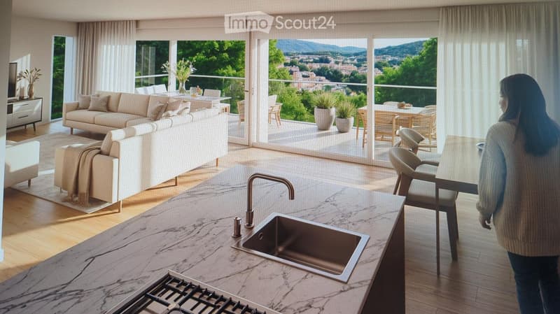 Modern, open-concept living and dining area with a view of the city and mountains. Features a large sofa, coffee table, armchair, kitchen island with sink and faucet, dining table with chairs, potted plants, and a television on a cabinet.
