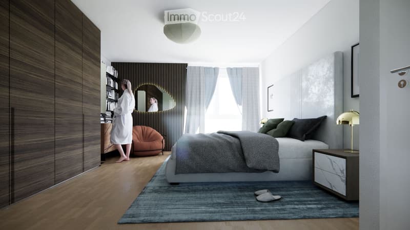 Modern bedroom with a large bed, nightstand with lamp, round chair, bookshelf, and a large mirror. The room features wooden flooring and large windows with sheer curtains.