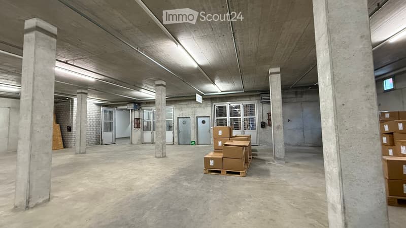 Empty warehouse space with concrete floors and pillars, several doors, and stacked cardboard boxes.