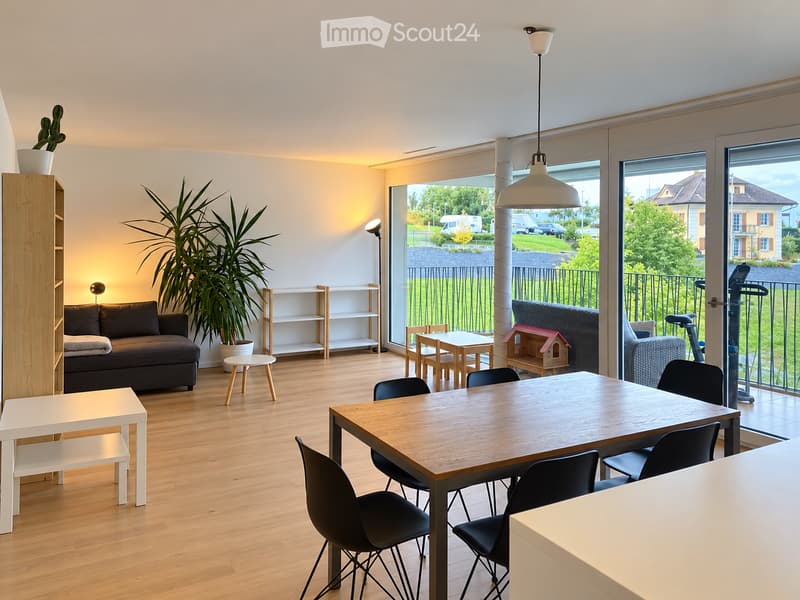 Bright living and dining area with wooden flooring, large windows, a sofa, dining table with chairs, shelves, and potted plants.