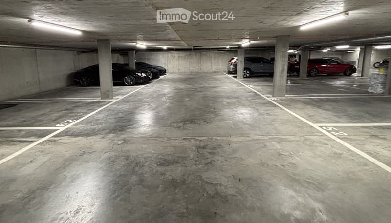 Underground parking lot with several parked cars, concrete pillars, and marked parking spaces.