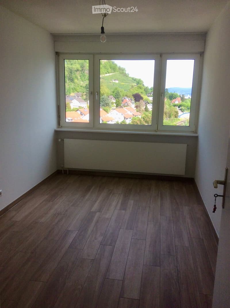 Empty room with wooden flooring, white walls, large windows offering a scenic view of a town and landscape, radiator below the windows, and a light fixture hanging from the ceiling.