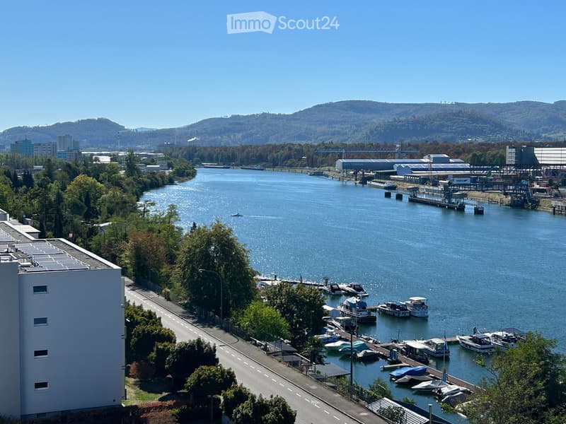 Aerial view of a river with docked boats, surrounded by trees and industrial buildings, with a road running alongside.