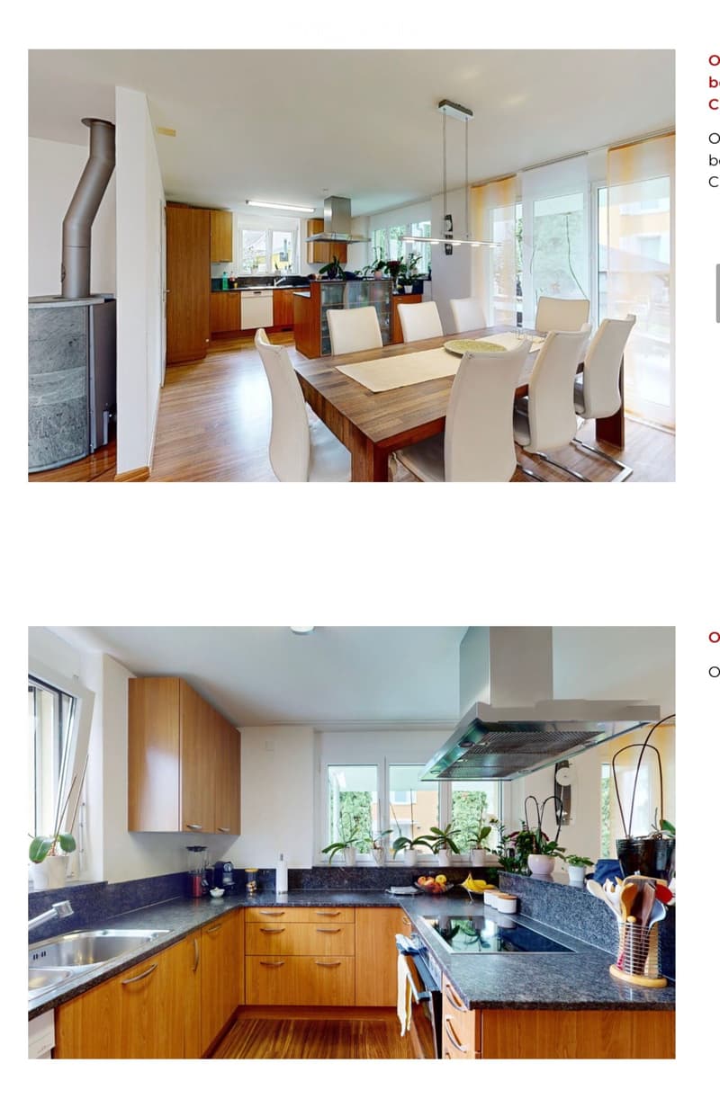 Modern kitchen with wooden cabinets, granite countertops, and a central island. Includes a dining area with a wooden table and white chairs, as well as a stove, sink, and various appliances.