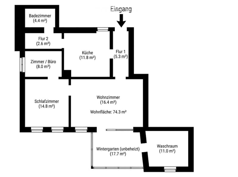Floor plan showing a 74.3 m² apartment with living room, bedroom, kitchen, bathroom, and winter garden.