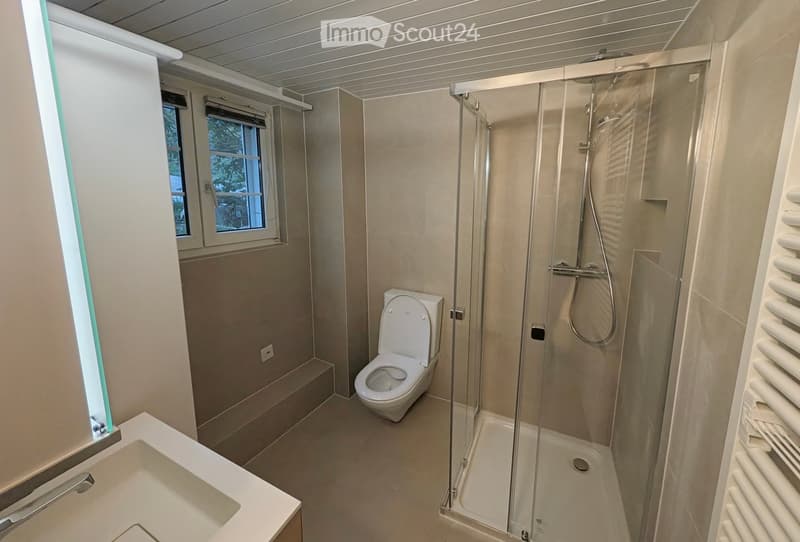 Modern bathroom with a toilet, sink, glass-enclosed shower, and a radiator. The space features light-colored tiles and a window providing natural light.