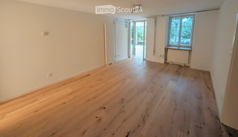 Empty room with light wooden flooring, white walls, and a large window with a radiator below it. The room has a sliding door leading to an outdoor area.