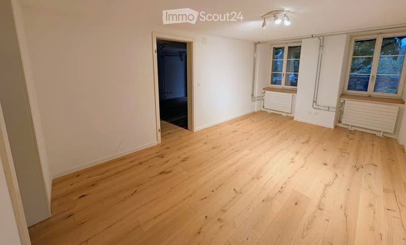 Empty room with light wooden flooring, white walls, and large windows with radiators beneath them. The space is unfurnished and appears to be a living or bedroom area.