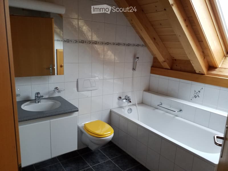 Bathroom with a white tiled wall, a sink with a faucet, a toilet with a yellow seat, a bathtub with a handheld shower, and a mirror above the sink. The room has a slanted wooden ceiling with a skylight window.