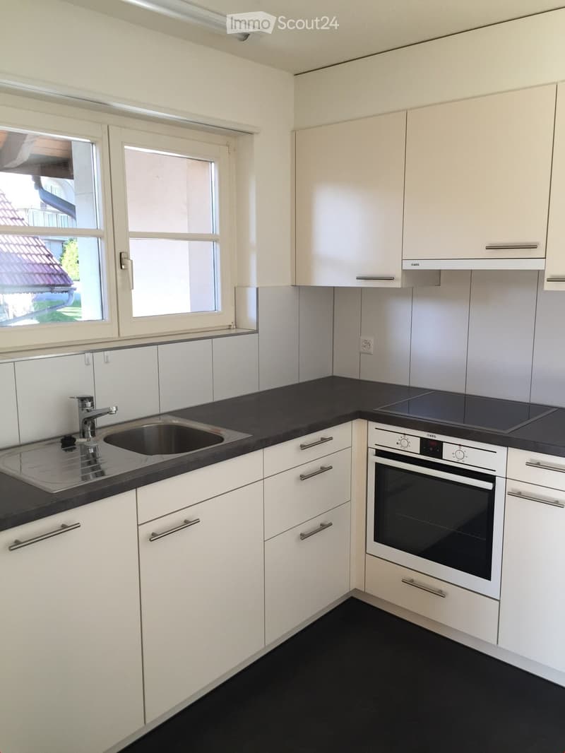 Modern kitchen with white cabinets, black countertops, stainless steel sink, and built-in oven.