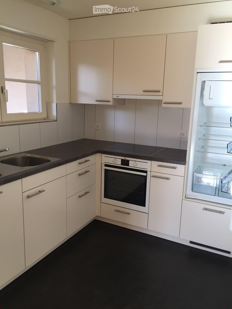Modern kitchen with white cabinets, black countertops, and stainless steel appliances including a sink, oven, and refrigerator.