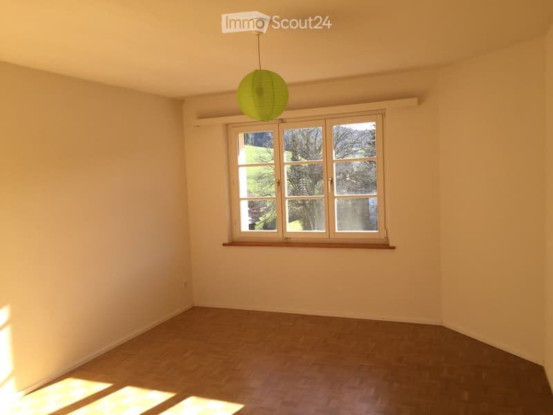 Empty room with wooden flooring, large window with white frame, and a hanging green paper lantern.