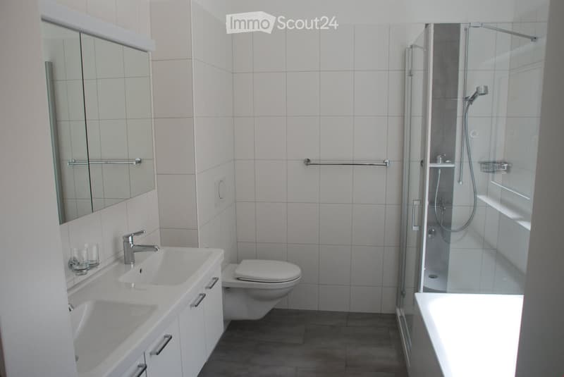 Modern bathroom with white tiles, a double sink, a toilet, a bathtub, and a glass-enclosed shower with a handheld showerhead.