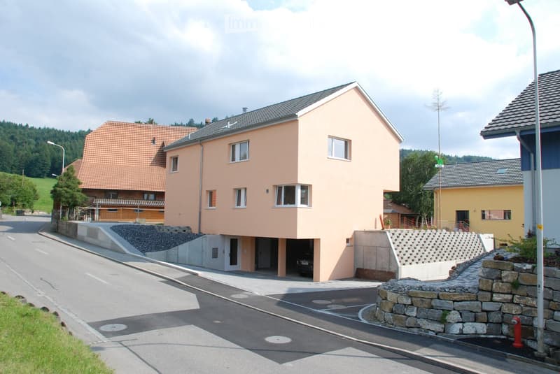 A two-story residential building with a light pink facade, multiple windows, and a garage entrance. The building is situated on a raised ground floor with a stone retaining wall and a paved driveway.