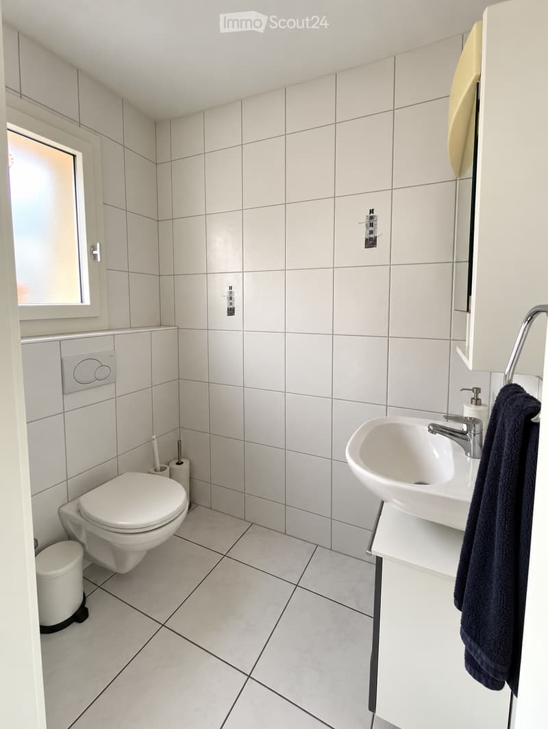 Modern bathroom with white tiled walls and floor, featuring a toilet, sink with faucet, towel, toilet paper, soap dispenser, and a small trash bin.