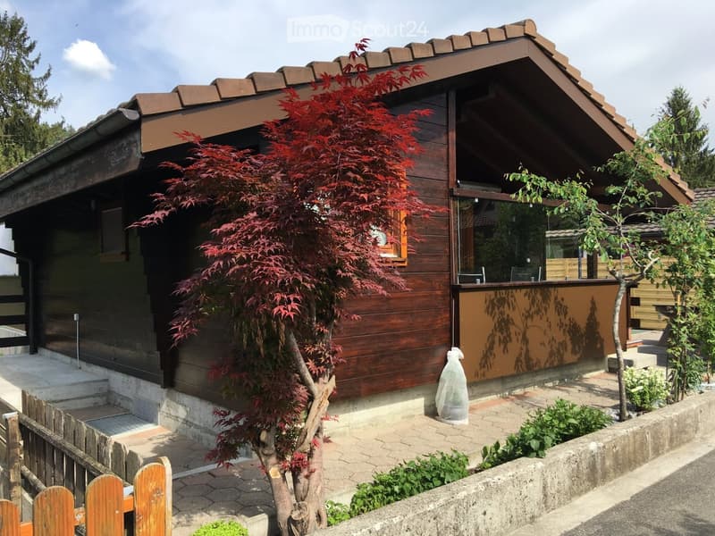 A two-story wooden house with a slanted roof, large windows, and a small garden area with a Japanese maple tree and a wooden fence.