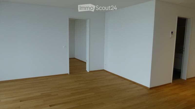 Empty room with light wooden flooring and white walls, featuring two open doorways leading to adjacent spaces.