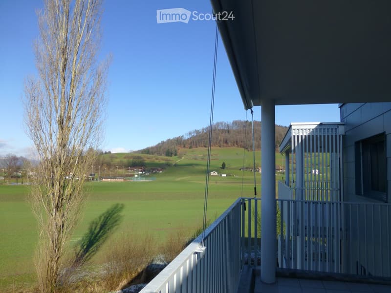 Balcony overlooking a green field and hills, with a metal railing and a view of the countryside.