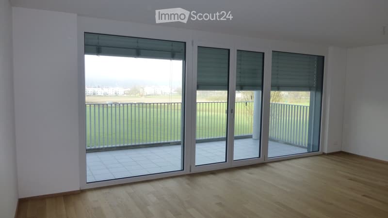 Empty room with wooden flooring, large sliding glass doors leading to a balcony with a metal railing, and a view of a green field and distant buildings.