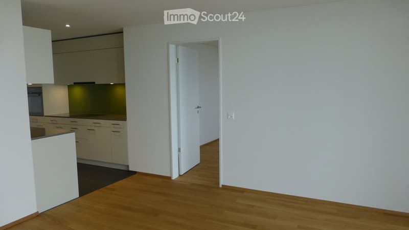 Modern, minimalist kitchen with light-colored cabinets, a countertop, and an oven. The adjacent room has wooden flooring and white walls.