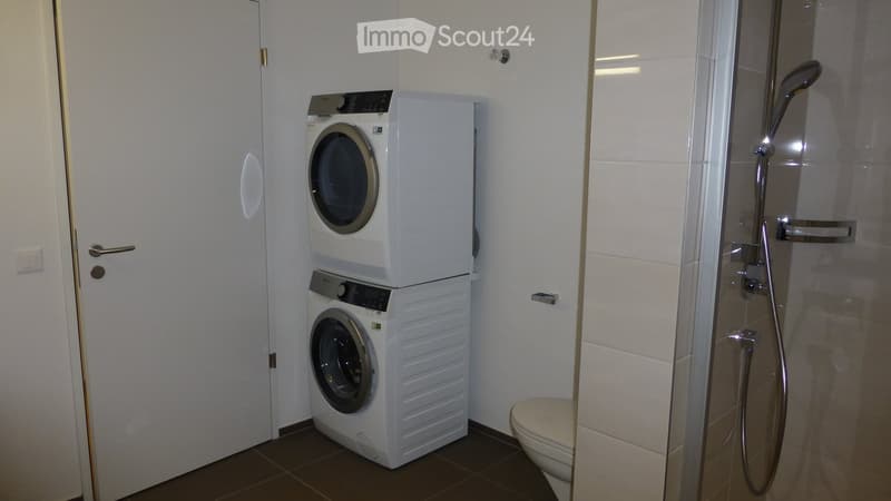 Modern bathroom with a stacked washing machine and dryer, a toilet, and a glass-enclosed shower with a handheld showerhead.