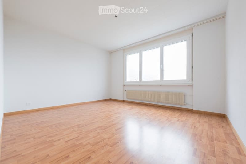 Empty room with wooden flooring, white walls, large windows, and a radiator under the windows.