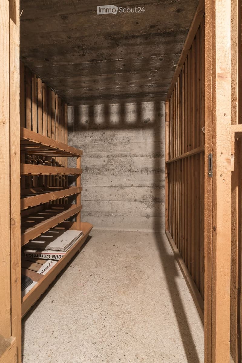 A narrow hallway with exposed wooden beams and concrete walls, featuring built-in wooden shelving on one side and a closed wooden door on the other.
