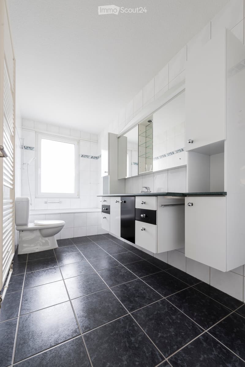 Modern bathroom with white cabinets, black countertop, large mirror, toilet, and dark tiled floor.