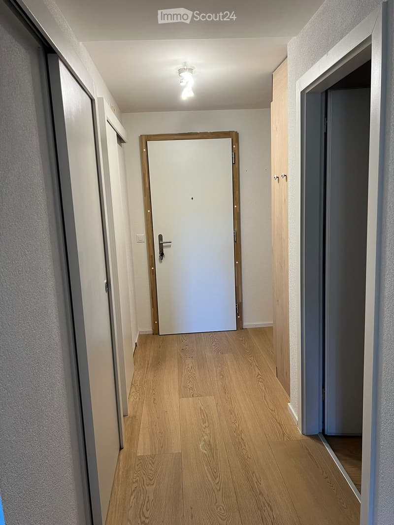 A narrow hallway with wooden flooring, white walls, and a closed door at the end. The hallway has a light fixture on the ceiling and a partially visible door frame on the right side.