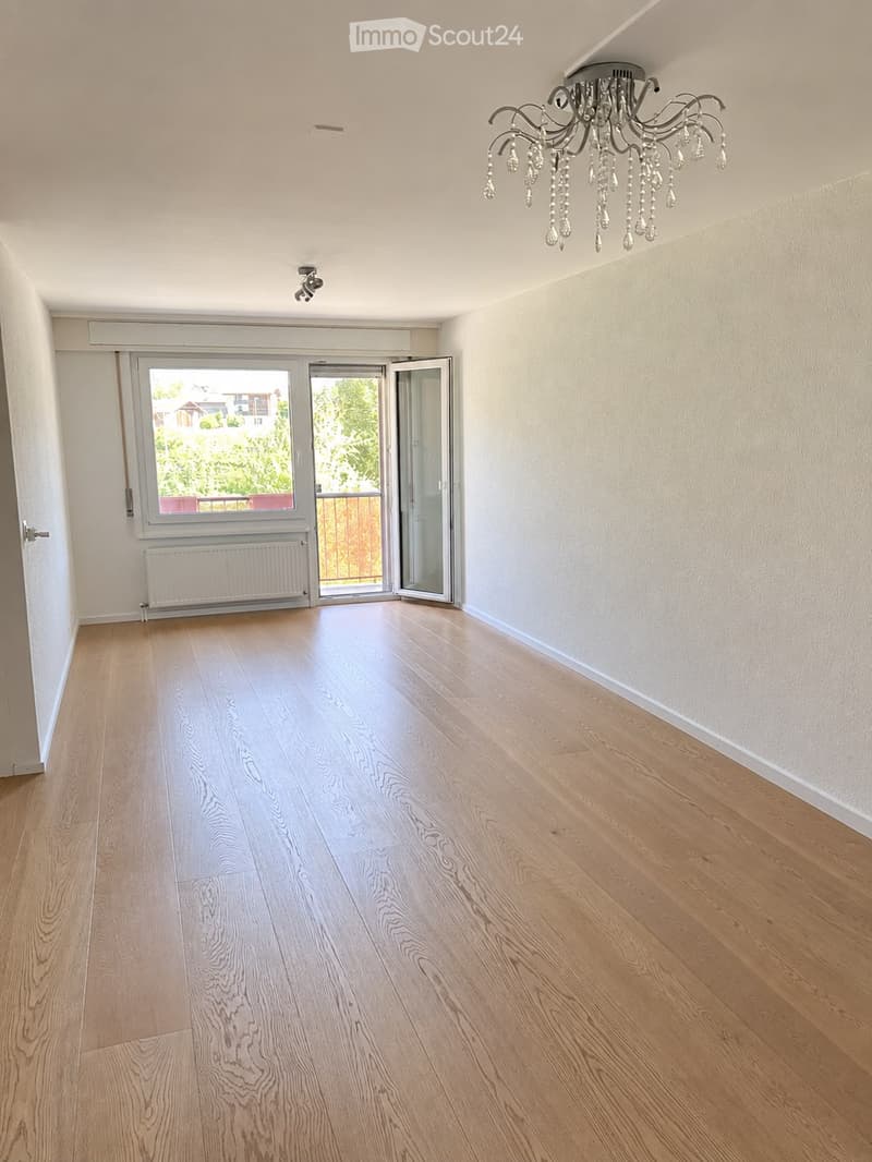 Empty room with light wooden flooring, white walls, a chandelier, and a large window with sliding doors leading to a balcony.