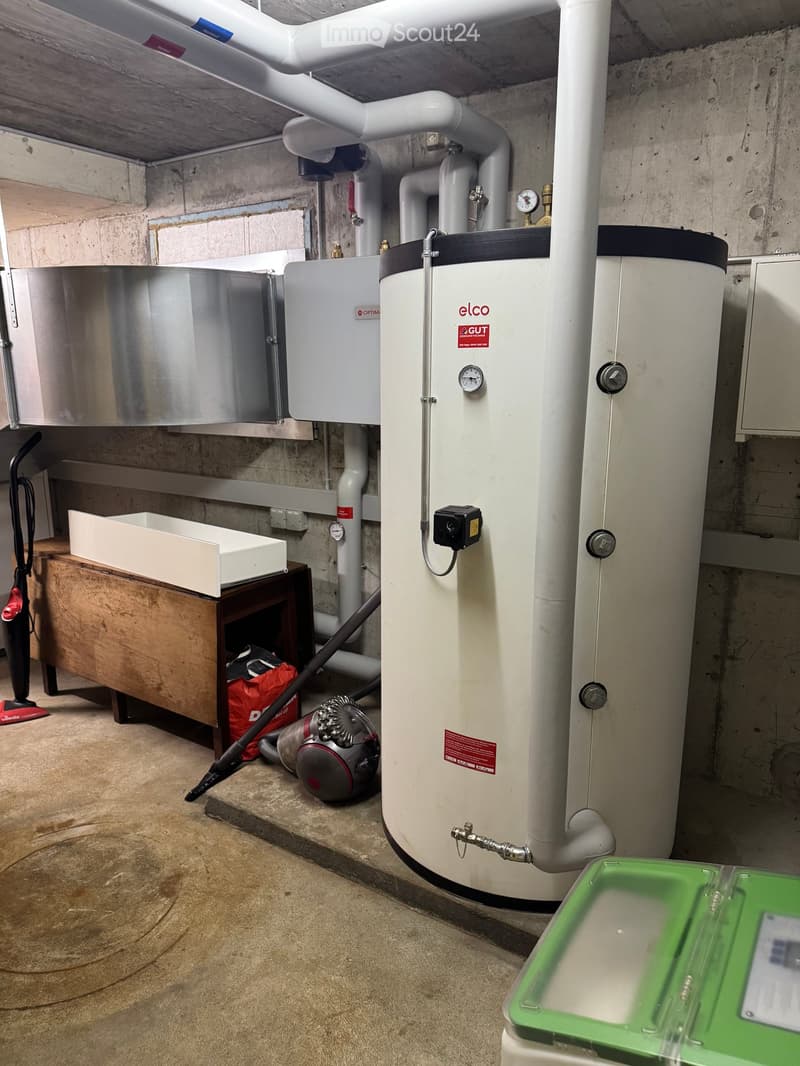 Utility room with a water heater, vacuum cleaner, storage box, and cabinet.