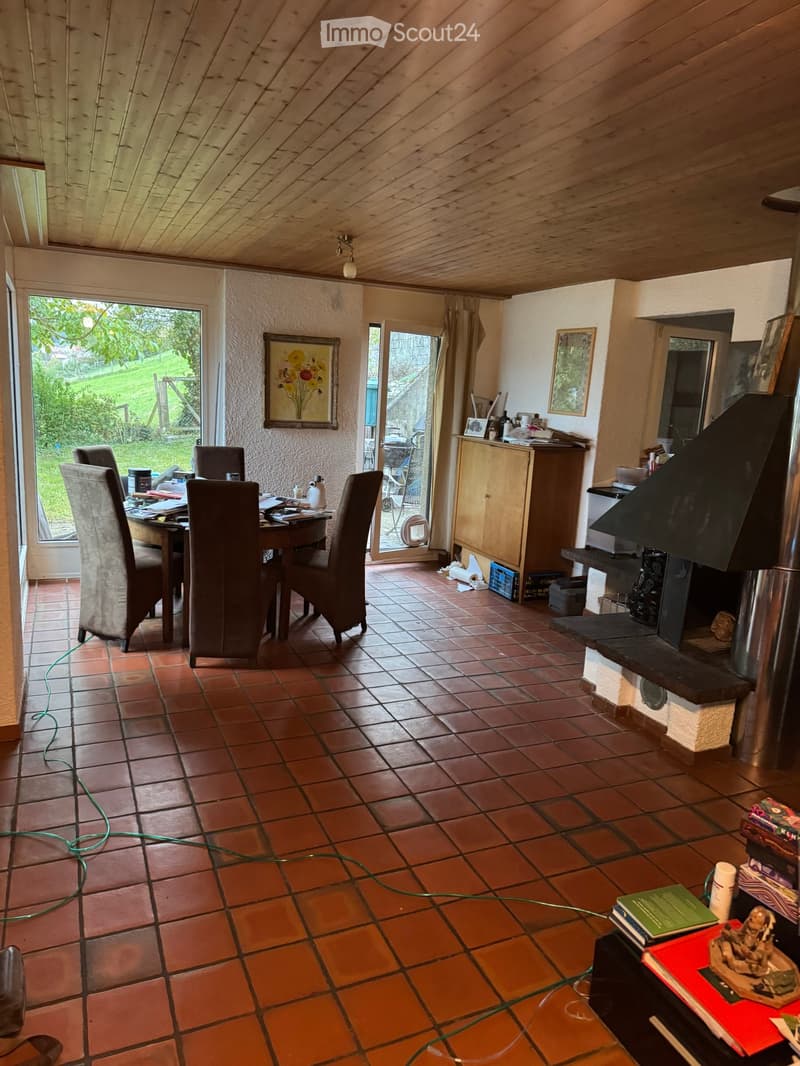A cozy, well-lit room with terracotta tiled flooring, a wooden ceiling, and large windows offering a view of a green outdoor area. The room features a dining table with chairs, a cabinet, a fireplace, and various decorative items including books and a mir