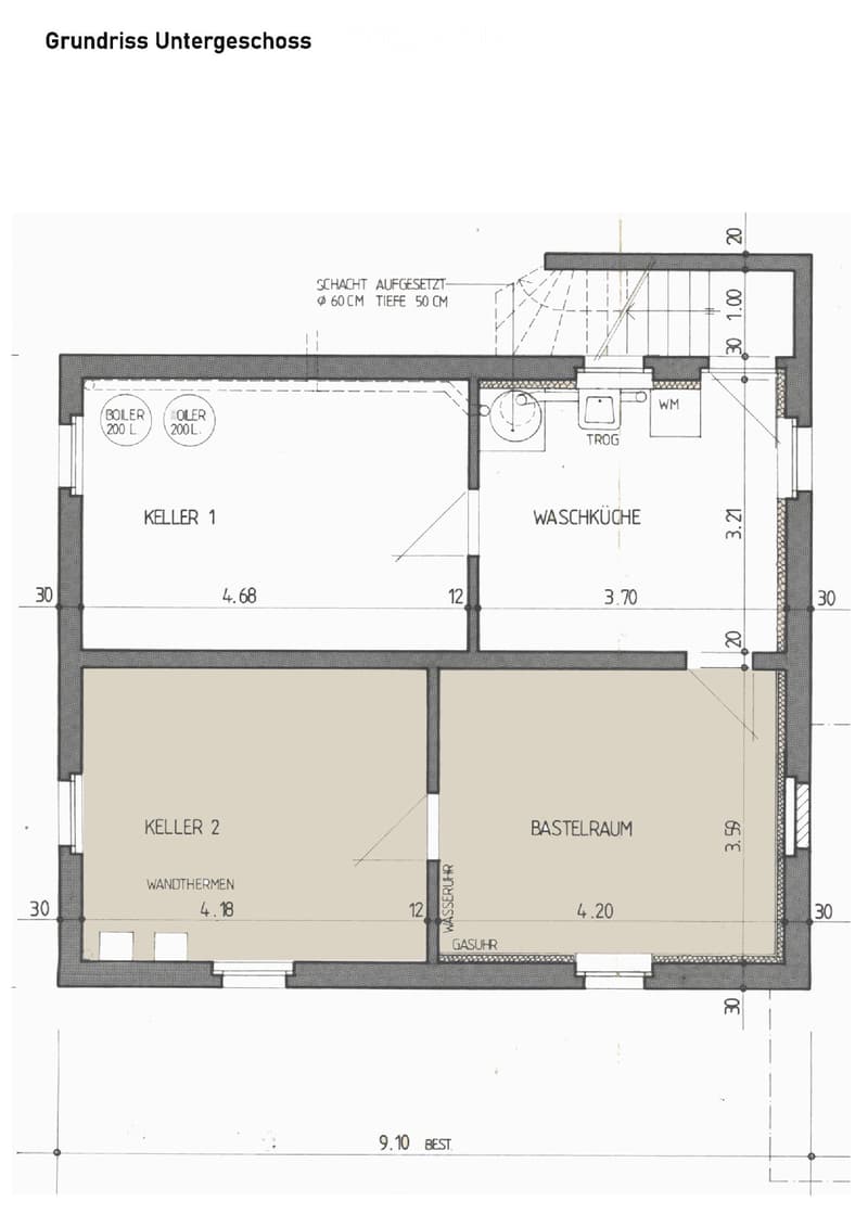 Floor plan of the basement level showing two storage rooms (Keller 1 and Keller 2), a utility room (Waschküche), a workshop (Bastelraum), and a boiler and oil tank.