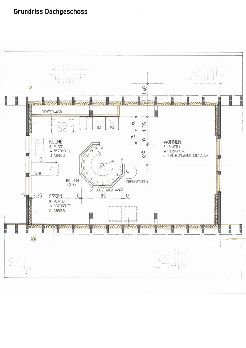 Floor plan of a roof level showing a kitchen, dining area, and living space with a chimney stove.