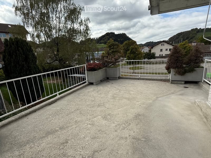 Concrete balcony with white metal railing, small potted plants, and a view of a residential area with trees and hills.