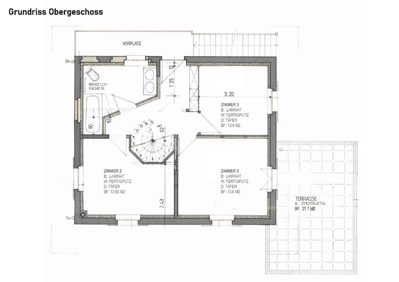Floor plan of the upper floor showing three bedrooms, a bathroom, and a terrace. Includes labeled dimensions and floor materials.